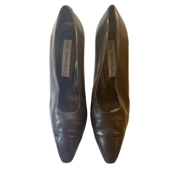 Via Spiga Heels Vintage Black Leather Elongated Square Toe Pump Womens Size 11AA - Picture 3 of 16